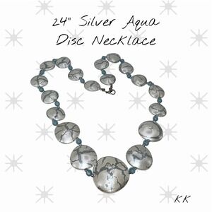 Statement Silver Disc Necklace Aqua Beads 24" Modern Artisan Style
